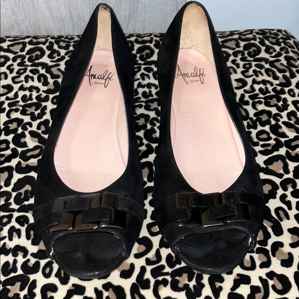 Amalfi By Rangoni New Womens Isca Black Open Toe Flats with Wedge Shoes Size 7.5